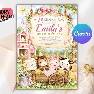 May include: A birthday invitation card featuring a wooden sign hanging from ropes with a pink gingham bow. The text reads THREE-I-E-I-O, Emily's 3RD BIRTHDAY, December 25th, 05:00 pm, EMILY'S HOUSE, 1787 Broadway Street, San Diego, Tx 2738, Rsvp to Mom.