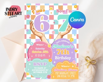 Invitation anniversaire 6-7 ans, invitation anniversaire 6-7, invitation 7e anniversaire, thème rétro, modèle toile 5 x 7"