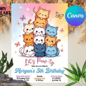 Convite de aniversário de gato editável, convite de aniversário de menina gatinha, adoção de animais de estimação Let's Pawty, você é um gatinho, animais Meow, download instantâneo