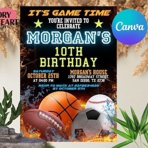 Convite esportivo editável, convites esportivos neon, folheto esportivo, convite temático esportivo, convite esportivo ALL STAR SPORTS brilhante, modelo Canva