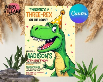 Dinosaur Birthday Invitation, Editable Three Rex Birthday Invite, Boys Third Birthday Dino Party, Three-Rex On The Loose, Editable template