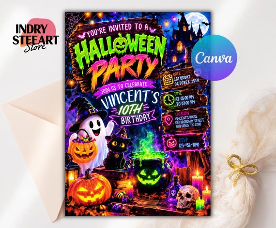 Neon Halloween Birthday Invitation, Spooky Party Invite (Editable Canva)