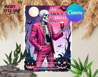 Puede incluir: Cartel de Halloween con un esqueleto con un traje rosa sosteniendo una bebida. El cartel incluye el texto "Sips About To Go Down" y "Costumes & Cocktails". También se presentan calabazas negras y murciélagos.