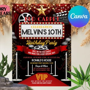 Invitación de cumpleaños editable para alfombra roja, invitación para evento de alfombra roja en Hollywood, fiesta de alfombra roja imprimible, descarga instantánea