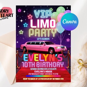 Può includere: Invito a una festa in limousine rosa con la scritta "VIP Limo Party" e "10° Compleanno di Evelyn". Il design include stelle, palloncini e un tappeto rosso. L'invito include anche data, ora e luogo.