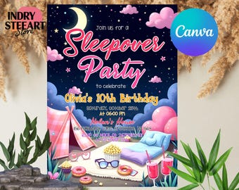 Invitación de cumpleaños para pijamada, imprimible, para fiesta de pijamas, plantilla editable, descarga instantánea