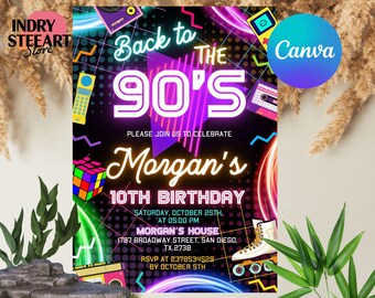 90's Birthday Invitation, 90's Party Invitation, 90's Birthday Invite, Retro Birthday Party, Glow invitation, Editable With CANVA