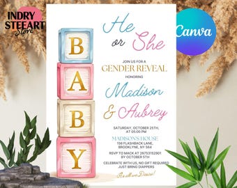 Modello di invito per rivelazione del sesso del bambino con Baby Blocks, invito per lui o lei, invito modificabile per rivelazione del sesso del bambino, invito per rivelazione del sesso del bambino, download immediato