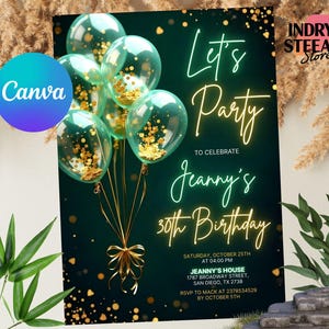 Emerald Green Birthday Invitation Editable Lets Celebrate Gold Balloon Adult Party Invite Printable Digital Instant Download Template