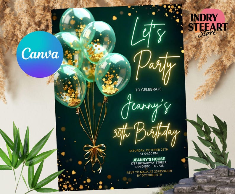 Emerald Green Birthday Invitation Editable Lets Celebrate Gold Balloon Adult Party Invite Printable Digital Instant Download Template