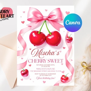 Puede incluir: Una tarjeta de invitación blanca con un lazo rosa, cintas y cerezas. El texto dice "Mischa's Cherry Sweet" con detalles del evento. El logotipo de Canva es visible. El logotipo de Indry Steeart Store está en la esquina superior izquierda.