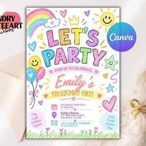 Puede incluir: Una tarjeta de invitación de cumpleaños con dibujos coloridos estilo crayón de un arcoíris, sol, estrellas, corazones y globos. El texto dice LET'S PARTY, JOIN US TO CELEBRATE, Emily's 7TH BIRTHDAY PARTY, con detalles de fecha, hora y lugar.