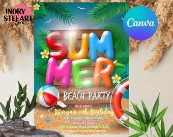 Editable Beach Birthday Party Invitation, Summer Ocean Birthday Invite Template, Beach Birthday Party, Surfer Party Evite, Instant Download