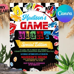 Invitación para noche de juegos, invitación para fiesta en casa, juegos de mesa, plantilla imprimible de cumpleaños, noche de juegos en familia, editable con plantilla de Canva