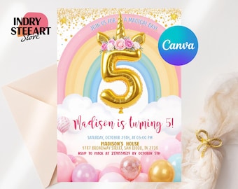 Unicorn Birthday Invitation Canva. Editable Template. Magical 5th Rainbow Party Invite. Instant Download. Colorful Birthday Celebration