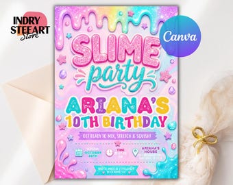 May include: A rectangular invitation card featuring a pastel rainbow background with pink and blue slime drips. The text reads SLIME party, ARIANA'S 10TH BIRTHDAY, GET READY TO MIX, STRETCH & SQUISH!, along with event details for October 25th at 7:00 PM.