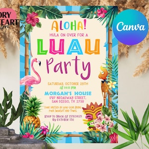 Puede incluir: Una invitación colorida para una fiesta de Luau con un flamenco rosa, plantas tropicales y una antorcha tiki. El texto dice "Aloha! Hula on over for a Luau Party" con la fecha y hora de la fiesta, la ubicación y la información de RSVP.