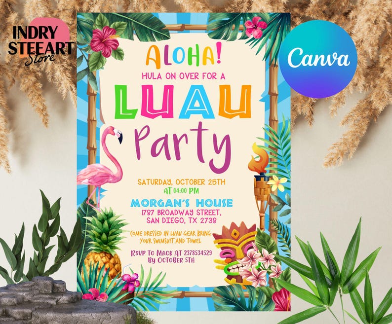Symmetrical picture of Aloha Luau Birthday Invitation,Luau Birthday Invitation,Luau Hawaiian Birthday Party,Aloha Luau Invitation,Instant Download,Editable Canva image with with beautiful lighting.