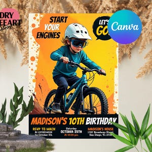 May include: A vibrant birthday invitation featuring a child riding a teal bicycle. The text "START YOUR ENGINES" is displayed above the child. The invitation includes details for Madison's 10th birthday, with RSVP and location information.