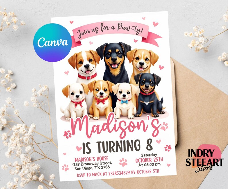 Editable Dogs Birthday Party Invitation, Puppy Birthday Party Animal ...