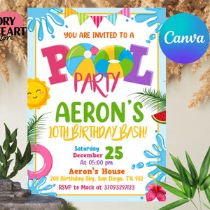 Editable Pool Party Invitation, Girl Pool Birthday Party, Summer Birthday Party, Swimming Party, Digital Invitation