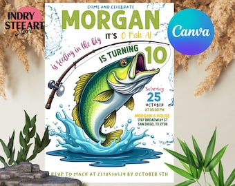 Puede incluir: Una invitación de cumpleaños colorida para un niño de 10 años con una ilustración de dibujos animados de un pez saltando fuera del agua. El texto dice "Ven a celebrar Morgan que está pescando el gran 10. ¡Es O Fish Al!" e incluye la fecha y la hora de la fiesta.
