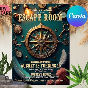 Escape Room Geburtstagseinladung, Mystery Geburtstagseinladung, Mystery Breakout, Detektivparty, Lüften Sie das Geheimnis, bearbeitbare CANVA
