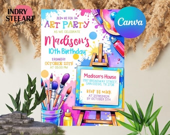 May include: A vibrant art party invitation featuring the text "Madison's 10th Birthday." The design incorporates paintbrushes, an easel, and paint splatters. The invitation includes the date, time, and location.