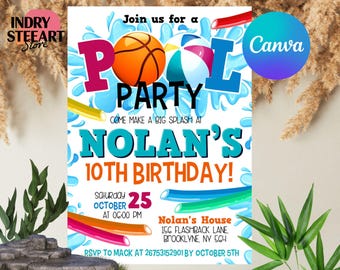 Basketball Pool Party Invitation, Pool Party Invitation, Editable Basketball Pool Party - Instant Download