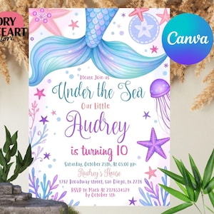 Mermaid Birthday Invitation, Mermaid Bash Under the Sea Birthday Invite, Mermaid Invites, Editable with Canva