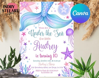Invitación de cumpleaños de sirena, invitación de cumpleaños para fiesta de sirenas bajo el mar, invitaciones de sirenas, editables con Canva.