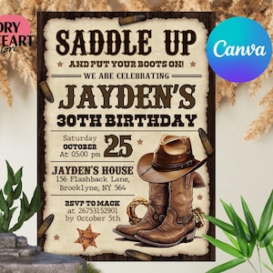 Invito di compleanno da cowboy, invito modificabile in stile country western, legno rustico, cappello da cowboy e lazo, download immediato