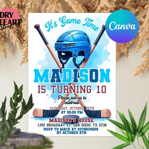 Invitación de cumpleaños de hockey sobre hielo, invitación de patinaje sobre hielo, patinaje invernal de doble cara, imprimible para fiesta de cumpleaños de hockey infantil, Canva editable