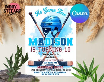 May include: A birthday party invitation with a hockey theme. It features a blue helmet, crossed hockey sticks, and the text "MADISON IS TURNING 10." The invitation includes event details: date, time, and location, with a Canva logo in the upper right corner.