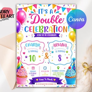 May include: A colourful birthday invitation card featuring the text It's a Double Celebration, Join Us to Celebrate, Charlie is turning 10, Ariana is turning 8, and RSVP to Mack. The design includes balloons, party hats, and cupcakes.