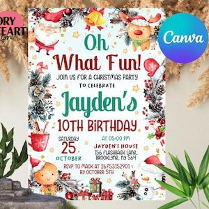 Editable Christmas Party Invitation, Kids Holiday Santa Hat, Oh What Fun Invite Christmas Birthday, Template Canva