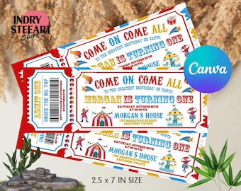 May include: Three colorful circus-themed birthday party tickets. Each ticket is red, white, and blue, with text that reads "Come on Come All" and "Morgan is Turning One." The tickets are 2.5 x 7 inches in size.