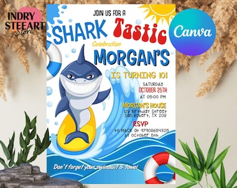 May include: A blue and yellow birthday invitation with a cartoon shark riding a surfboard. The invitation says "Join us for a Shark Tastic Celebration Morgan's is turning 10!" with the date and time of the party. It also includes the address and RSVP information.