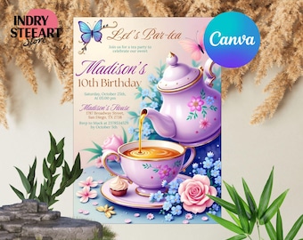 May include: A whimsical invitation for a tea party, featuring a purple teapot pouring tea into a teacup. The invitation includes the text "Madison's 10th Birthday" and event details. A butterfly and flowers decorate the design.