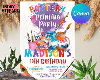 Invitación editable para fiesta de cumpleaños de arte de cerámica, invitación para fiesta de cumpleaños de pintura de alfarero, invitación de cumpleaños de artista de pintura, digital