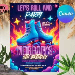 Editable Skate Party Birthday Invitation, Party Invitation, girl, boy, Roller Skating, Retro Neon Lights, Canva Template