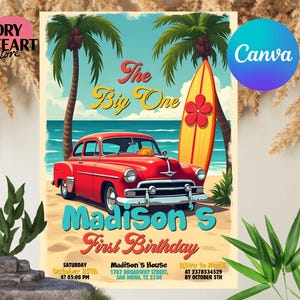 Editable Boy The Big One Surfing 1st Birthday Party Invitation Retro Boy Surf Van Surfboard Beach Party Invite Instant Download