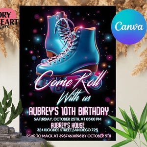 Convite de aniversário editável para festa de skate, convite para festa, menina, menino, patinação, luzes neon retrô, modelo Canva