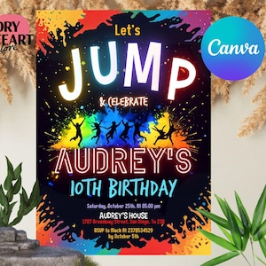 Editable Jump Birthday Invitation, Jump Invite, Trampoline Party, Bounce House, Let&#39;s Jump Party, Trampoline Park, Canva Template