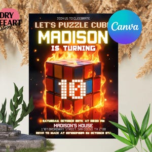 May include: A birthday party invitation with a pixelated Rubik's Cube on fire. The invitation says "Let's Puzzle Cub! MADISON IS TURNING 10." The invitation includes the date, time, location, and RSVP details for the party.