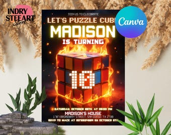 Invitación de cubo de Rubik, invitación para fiesta de cubo de Rubik, invitación de cubo de Rubik, cumpleaños de cubo de Rubik editable, descarga instantánea