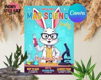May include: An invitation for a Mad Science Party, featuring a cartoon rabbit in a lab coat and glasses, holding a test tube. The invitation includes the text "Join us for a Mad Science Party" and details for Madison Smith's 10th birthday.