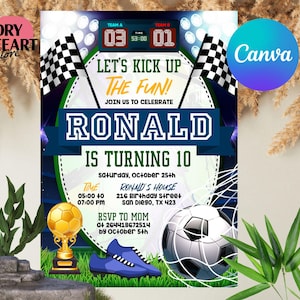 Editable Soccer Birthday Invitation Card Template, Football Invitation Soccer Invitation Card Template, Canva Template