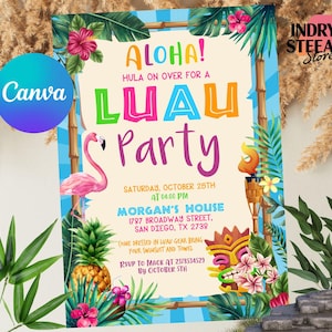Symmetrical picture of Aloha Luau Birthday Invitation,Luau Birthday Invitation,Luau Hawaiian Birthday Party,Aloha Luau Invitation,Instant Download,Editable Canva image with with beautiful lighting