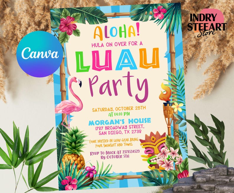 Symmetrical picture of Aloha Luau Birthday Invitation,Luau Birthday Invitation,Luau Hawaiian Birthday Party,Aloha Luau Invitation,Instant Download,Editable Canva image with with beautiful lighting